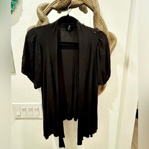 Black Open-Front Blouse|Cardigan w/ Puff Short Sleeves